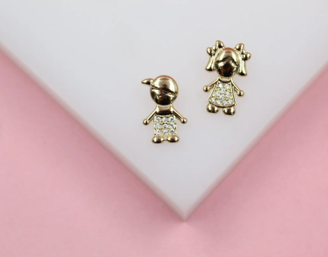 18K Gold Filled Girl & Boy Pendant Charms With Clear Zirconia Stones (A214)