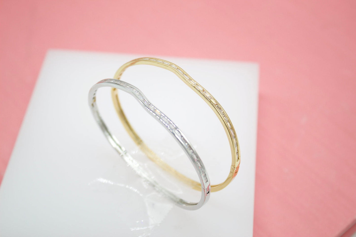 18K Gold Filled Slim Rectangle CZ Stone Bangle Bracelet (B19)