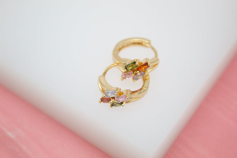 18K Gold Filled Huggies Earrings With Rectangle GREEN CZ Cubic Zirconia Stones (STYLE G)