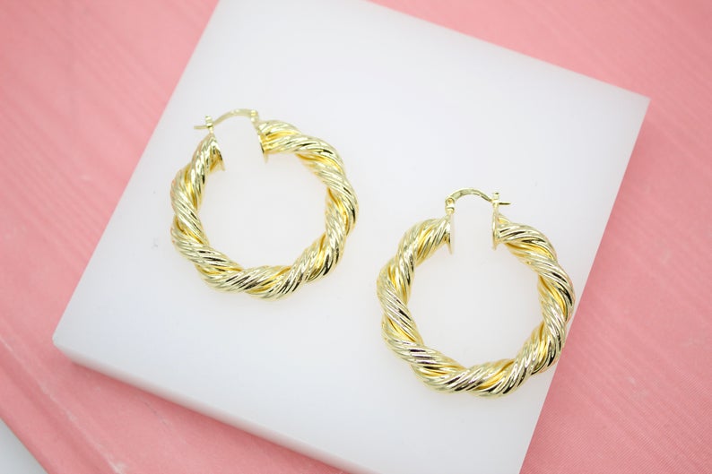 18K Gold Filled Thick Twisted Hoop French Hook Lever Back Earrings (K33-34)