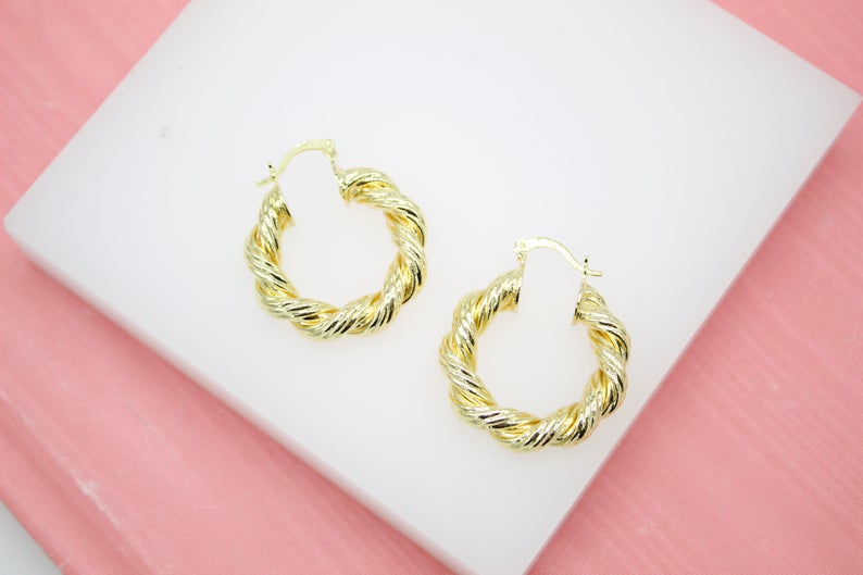 18K Gold Filled Thick Twisted Hoop French Hook Lever Back Earrings (K33-34)